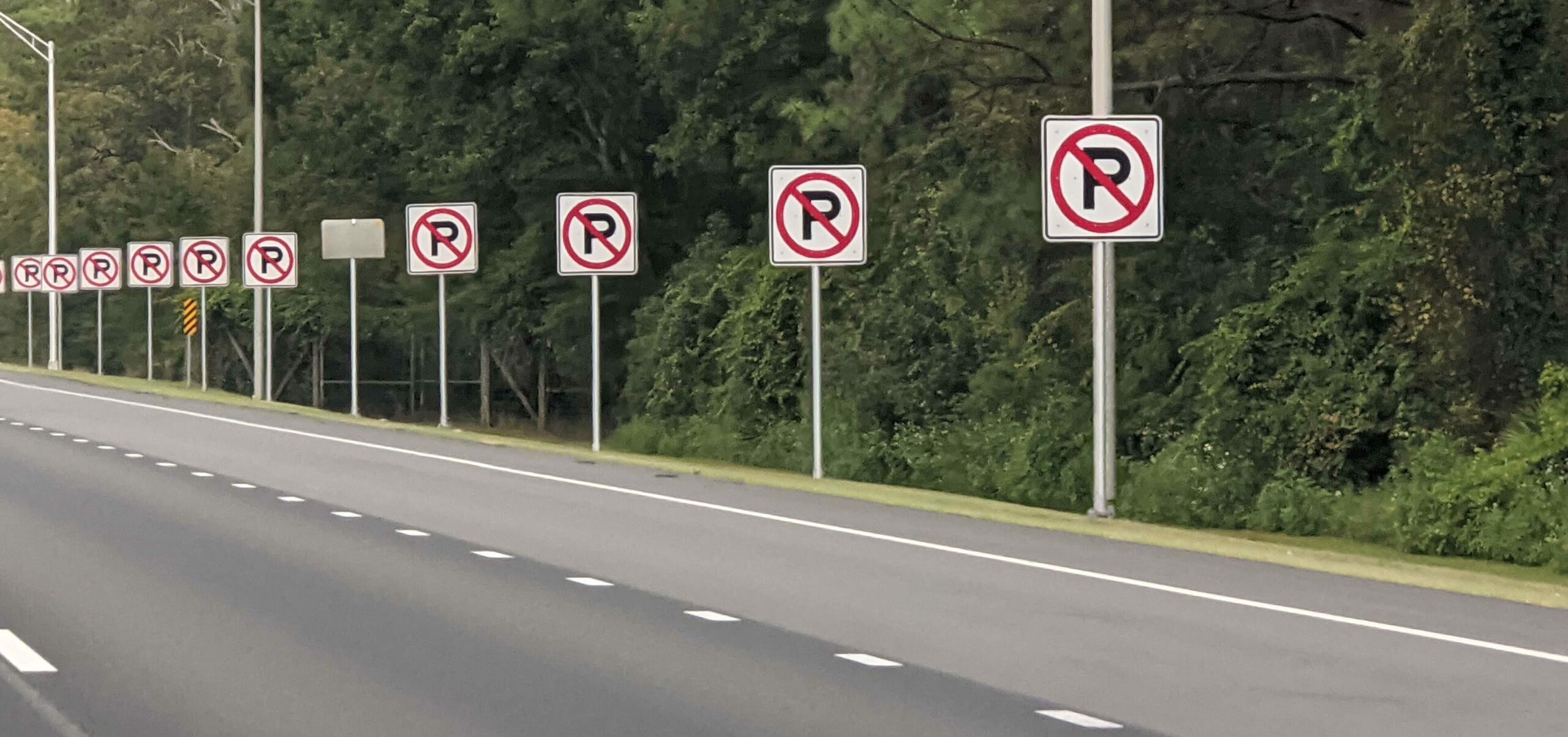 A row of no parking signs along a highway.